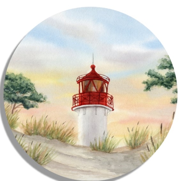 Untersetzer Glasuntersetzer rund 9,5 cm   Aquarell Maritim Kunst Druck Kunstdruck Ostsee Kleiner Leuchtturm Hiddensee Rügen Strand Dünen