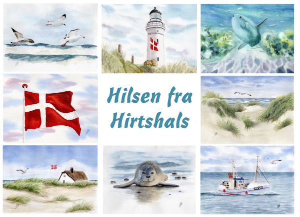 Folienmagnet Aquarell Maritim Kunst Druck Kunstdruck Nordsee Dänemark Danmark   Hirtshals Dünen Leuchtturm Strand Seehund