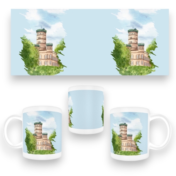 Tasse Becher Kaffeebecher Aquarell Maritim Kunst Druck Kunstdruck Ostsee Jagdschloss Granitz Rügen