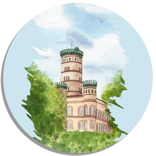 Untersetzer Glasuntersetzer rund 9,5 cm   Aquarell Maritim Kunst Druck Kunstdruck Ostsee Jagdschloss Granitz Rügen