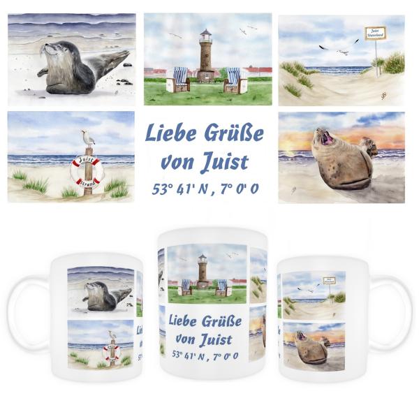 Tasse Becher Kaffeebecher Aquarell Maritim Kunst Druck Kunstdruck Nordsee Strandkorb Leuchtturm Insel Juist Meer Strand Dünen