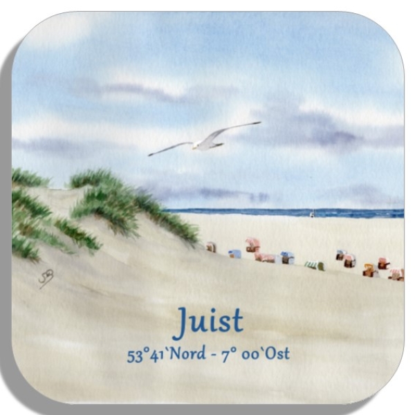 Untersetzer Glasuntersetzer 9,5 x 9,5 cm Aquarell Kunst Druck Kunstdruck Strandkorb Sonnenuntergang Nordsee Insel Juist - Strandkorbe am Strand - Juist 8