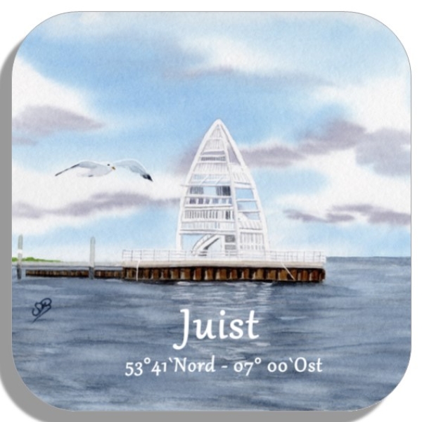 Untersetzer Glasuntersetzer 9,5 x 9,5 cm Aquarell Maritim Kunst Druck Kunstdruck Nordsee Juist Seezeichen Hafen Zitronenpresse  - Juist 4