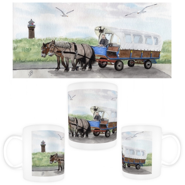 Tasse Becher Kaffeebecher Aquarell Maritim Kunst Druck Kunstdruck Nordsee Juist  Leuchtturm Insel mit Pferdekutsche