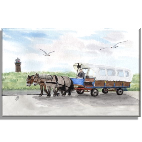 Leinwand 30 x 20 cm Keilrahmen Canvas-Leinen Aquarell Maritim Kunst Druck Kunstdruck Nordsee Juist Leuchtturm Insel mit Pferdekutsche