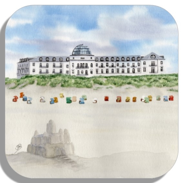 Untersetzer Glasuntersetzer 9,5 x 9,5 cm Aquarell Kunst Druck Kunstdruck Strandkorb Sonnenuntergang Nordsee Insel Juist - Strandhotel Kurhaus Juist weiter Strand - Juist 14