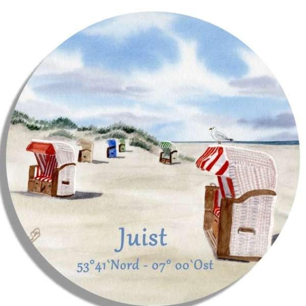 Untersetzer Glasuntersetzer rund 9,5 cm  Aquarell Kunst Druck Kunstdruck Strandkorb Sonnenuntergang Nordsee Insel Juist - Strandkörbe am Strand - Juist 8
