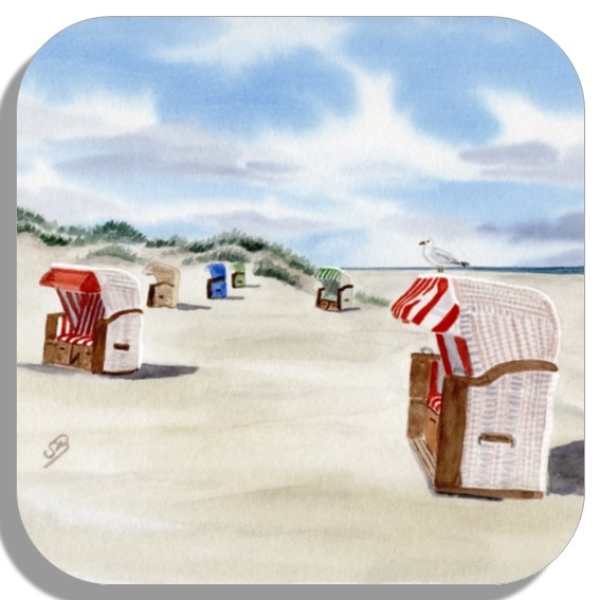 Coasters glass coasters 9,5 x  9,5 cm Watercolor Art Print Beach Chair Sunset North Sea Island Juist - Beach chairs on the beach - Juist 8