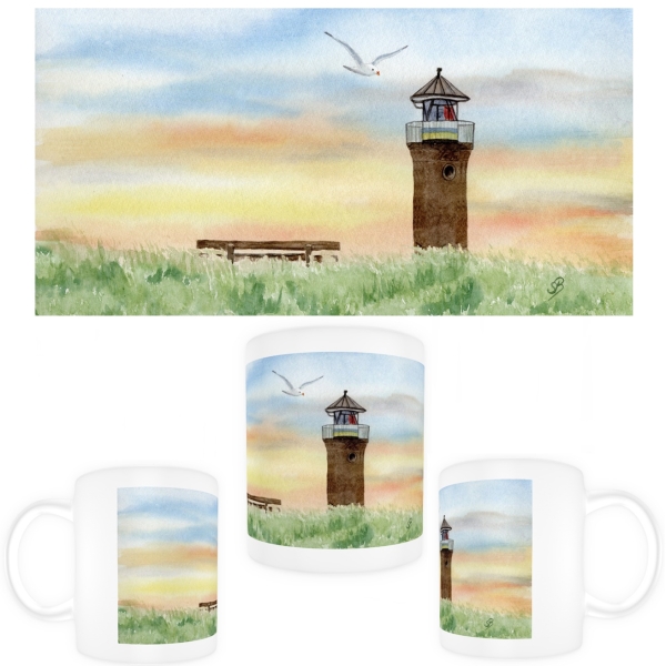Tasse Becher Kaffeebecher Aquarell Maritim Kunst Druck Kunstdruck Nordsee Juist  Leuchtturm Insel