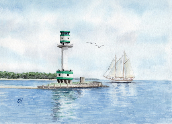 Postcard DIN-A5  Watercolor Maritime Art Print Baltic Sea - Kiel Lighthouse Sailing ship Kiel Fjord - Kiel1