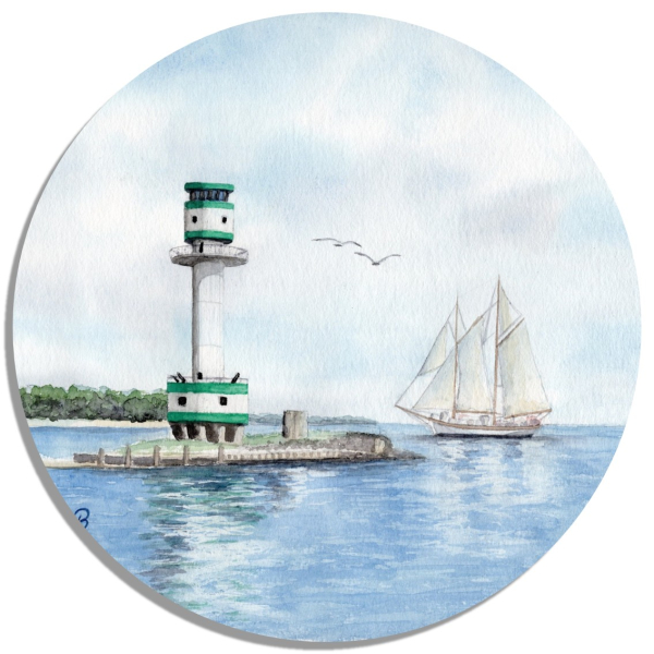 Coasters glass coasters 9,5 x  9,5 cm Watercolor Maritime Art Print Baltic Sea - Kiel Lighthouse Sailing ship Kiel Fjord - Kiel1