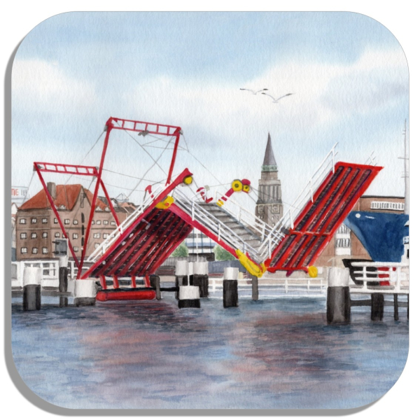 Coasters glass coasters 9,5 x  9,5 cm  Watercolor Maritime Art Print Baltic Sea - Hörnbrücke folding bridge Kiel - Kiel3