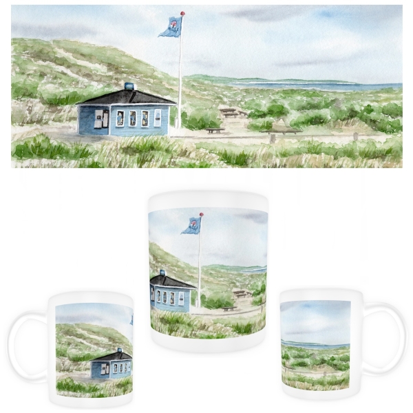 Tasse Becher Kaffeebecher Aquarell Maritim Kunst Druck Kunstdruck Nordsee Dänemark Danmark Hirtshals blauer Kiosk Tversted det bla ishus blaue Eisbude
