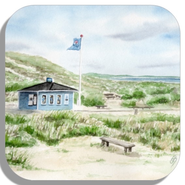 Untersetzer Glasuntersetzer 9,5 x 9,5 cm Aquarell Maritim Kunst Druck Kunstdruck Nordsee Dänemark Danmark Hirtshals blauer Kiosk Tversted det bla ishus blaue Eisbude