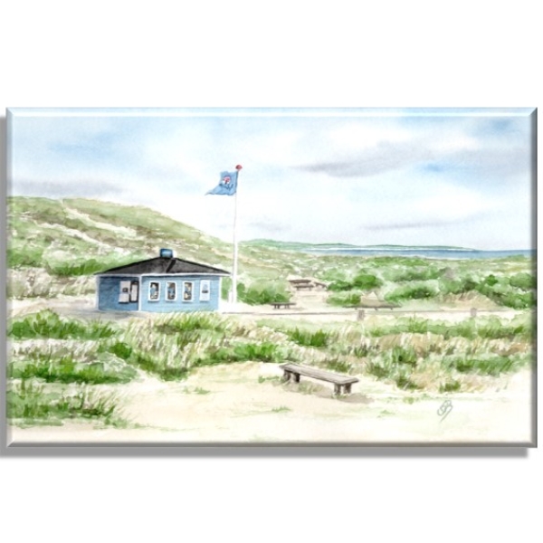 Leinwand 30 x 20 cm Keilrahmen Canvas-Leinen Aquarell Maritim Kunst Druck Kunstdruck Nordsee Dänemark Danmark Hirtshals blauer Kiosk Tversted det bla ishus blaue Eisbude