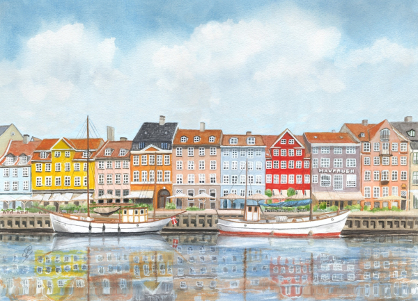 Postcard DIN-A6  watercolor maritime art print art print  Denmark Danmark Copenhagen Harbor Københavns Havn - KOP3