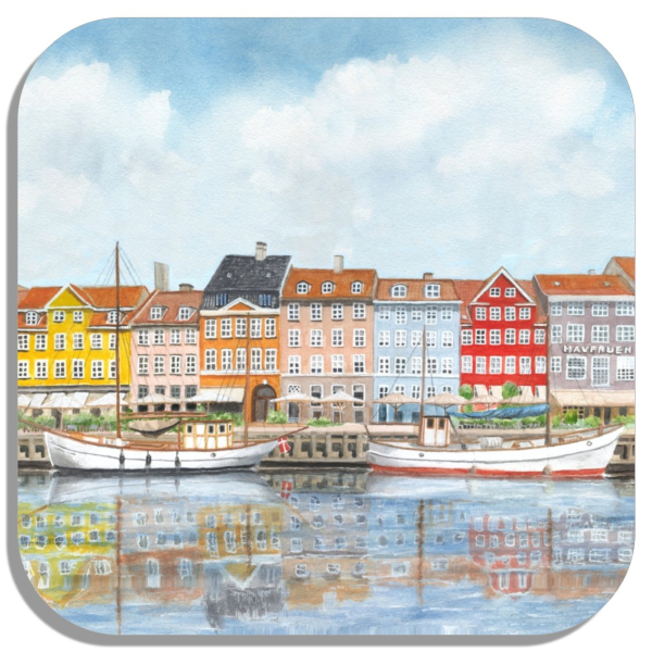 Coasters glass coasters 9,5 x  9,5 cm watercolor maritime art print art print  Denmark Danmark Copenhagen Harbor Københavns Havn - KOP3