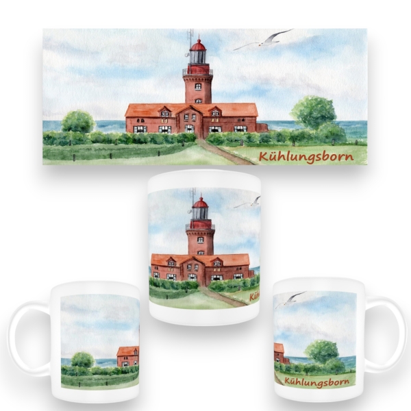 Tasse Becher Kaffeebecher  Aquarell Maritim Kunst Druck Kunstdruck Ostsee Kühlungsborn Leuchtturm