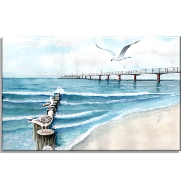 Leinwand 30 x 20 cm Keilrahmen Canvas-Leinen  Aquarell Maritim Kunst Druck Kunstdruck Ostsee Kühlungsborn Strand Seebrücke