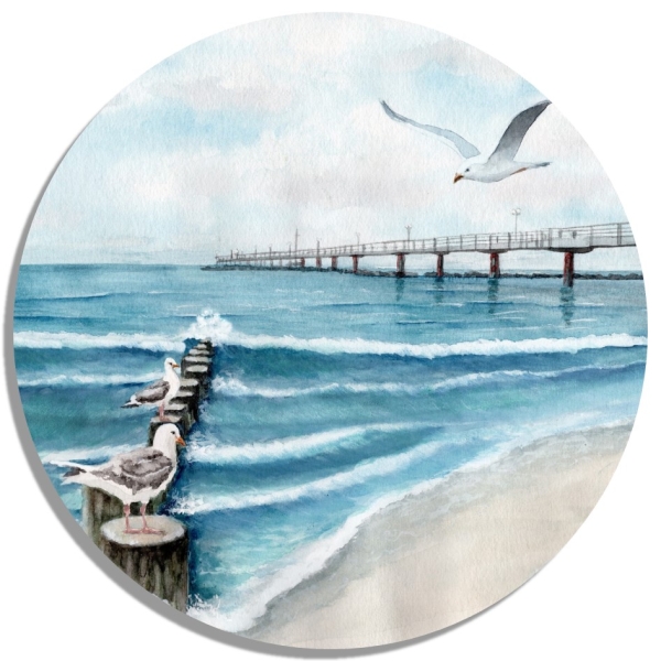 Untersetzer Glasuntersetzer rund 9,5 cm Aquarell Maritim Kunst Druck Kunstdruck  Aquarell Maritim Kunst Druck Kunstdruck Ostsee Kühlungsborn Strand Seebrücke