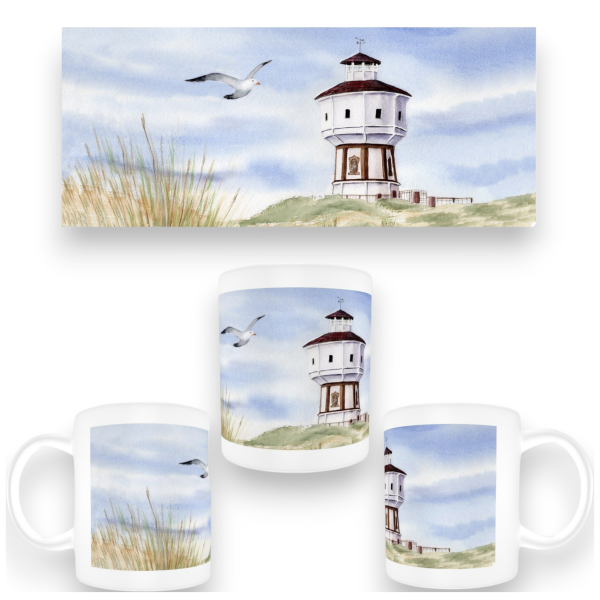 Tasse Becher Kaffeebecher Aquarell Maritim Kunst Druck Kunstdruck Nordsee Insel Langeoog Wasserturm Leuchtturm