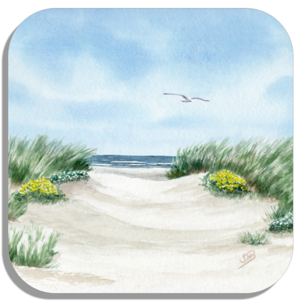 Untersetzer Glasuntersetzer 9,5 x 9,5 cm Strandweg Aquarell Maritim Kunst Druck Kunstdruck Dänemark Nordsee Ostsee Dünen Meer Strand Sylt