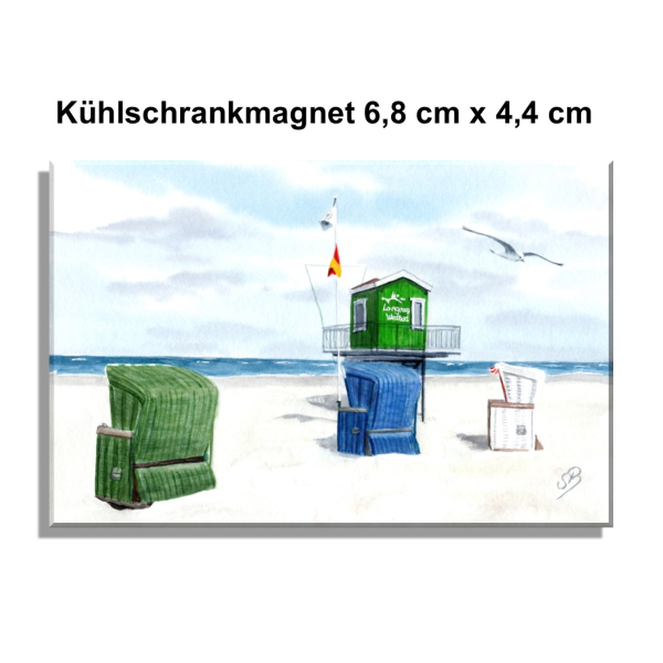 Kühlschrankmagnet  Aquarell Maritim Kunst Druck Kunstdruck Nordsee Insel Langeoog Badeturm grün Strand Meer