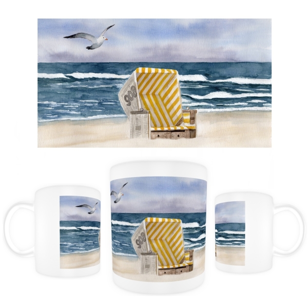 Tasse Becher Kaffeebecher  Aquarell Maritim Kunst Druck Kunstdruck Nordsee Insel Langeoog Strandkorb Strand Meer
