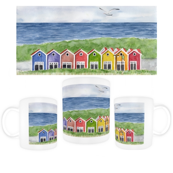 Tasse Becher Kaffeebecher Aquarell Maritim Kunst Druck Kunstdruck Nordsee Insel Langeoog bunte Buden Meer Strand