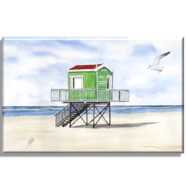 Leinwand 30 x 20 cm Keilrahmen Canvas-Leinen Aquarell Maritim Kunst Druck Kunstdruck Nordsee Insel Langeoog Badeturm grün Strand Meer