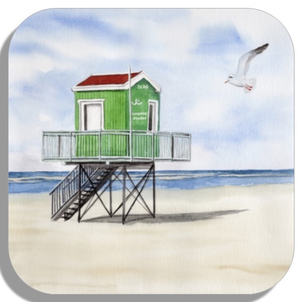 Coasters glass coasters 9,5 x  9,5 cm  Watercolor Maritime Art Print North Sea Island Langeoog green bathing tower Beach Ocean
