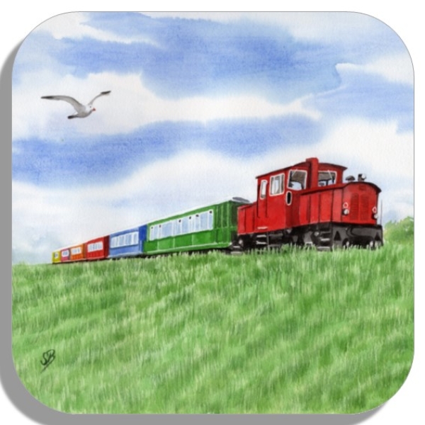 Untersetzer Glasuntersetzer 9,5 x 9,5 cm Aquarell Maritim Kunst Druck Kunstdruck Nordsee Kleinbahn Inselbahn Bahn Zug Insel Langeoog