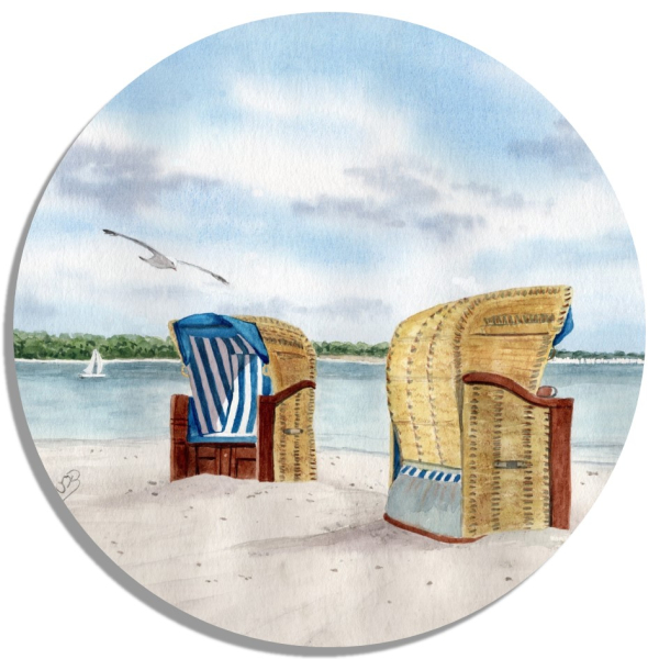 Untersetzer Glasuntersetzer rund 9,5 cm Aquarell Maritim Kunst Druck Kunstdruck Nordsee Insel Borkum Neuer Leuchtturm Strand Meer Dünen  Aquarell Maritim Kunst Druck Kunstdruck Ostsee Laboe Strand Strandkorb - LB1