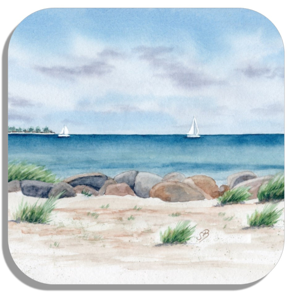 Untersetzer Glasuntersetzer 9,5 x 9,5 cm  Aquarell Maritim Kunst Druck Kunstdruck Ostsee Laboe Strand - LB3