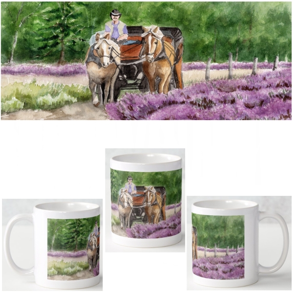 Tasse Becher Kaffeebecher   Aquarell Kunst Druck Kunstdruck Lüneburger Heide Lüneburg Landschaft Kutsche Kutschfahrt