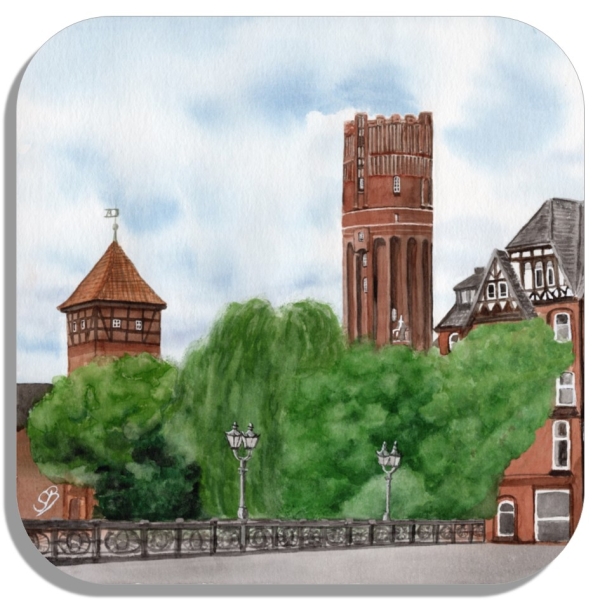 Untersetzer Glasuntersetzer 9,5 x 9,5 cm   Aquarell Kunst Druck Kunstdruck Lüneburger Heide Lüneburg Stadt Wasserturm