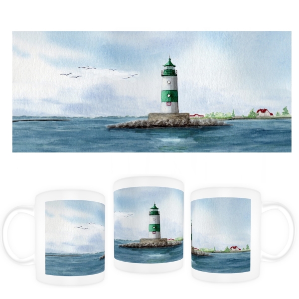 Tasse Becher Kaffeebecher Aquarell Maritim Kunst Druck Kunstdruck Ostsee Leuchtturm Maasholm Schleimünde Schlei Kappeln