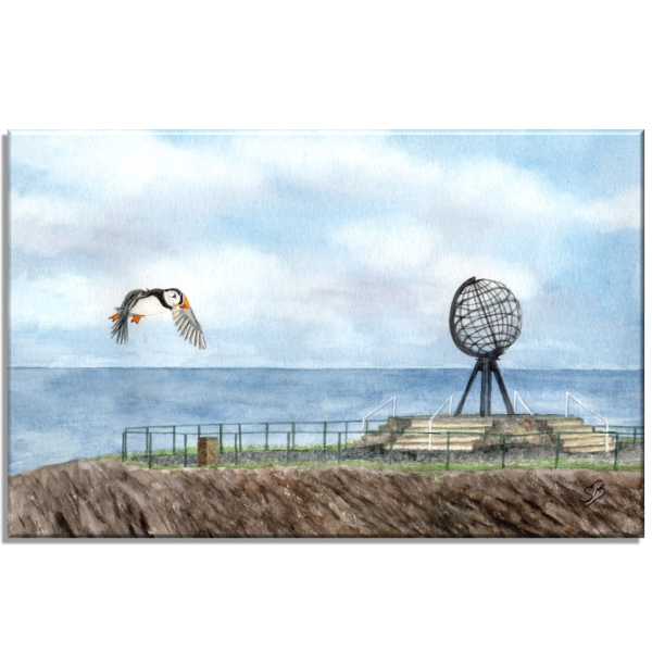Leinwand 30 x 20 cm Keilrahmen Canvas-Leinen Aquarell Kunst Druck Kunstdruck Norwegen Norge Norway  Nordkapp Nordkap Globus Papageientaucher Puffin