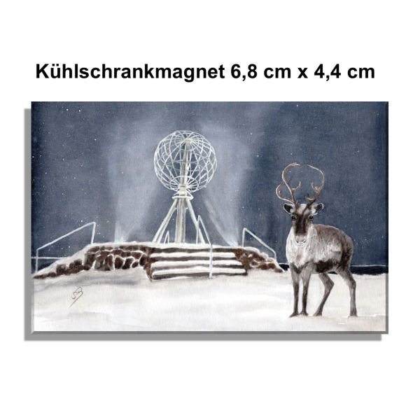 Kühlschrankmagnet  Aquarell Kunst Druck Kunstdruck Norwegen Norge Norway  Nordkapp Nordkap Globus Winter Rentier