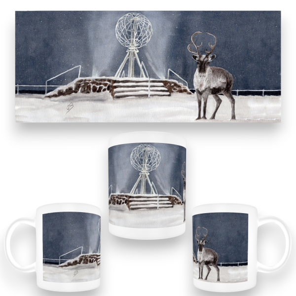 Tasse Becher Kaffeebecher  Aquarell Kunst Druck Kunstdruck Norwegen Norge Norway  Nordkapp Nordkap Globus Winter Rentier