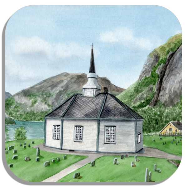 Coasters glass coasters 9,5 x  9,5 cm watercolor art print Norway Norge Geiranger Fjord Church