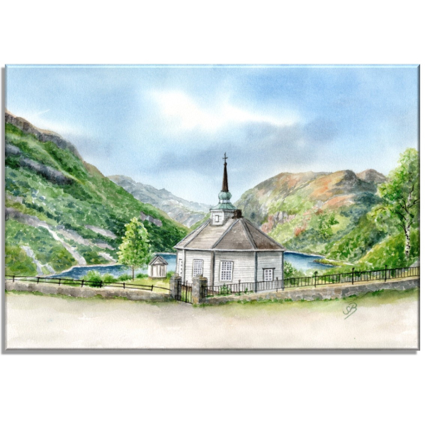 Stretcher frame canvas 30 x 20 cm linen  watercolor art print Norway Norge Geiranger Fjord Church