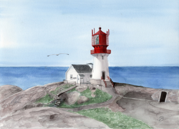 Poster DIN-A4  Aquarell Kunst Druck Kunstdruck Norwegen Norge Norway Leuchtturm Lindesnes Fyr Lindesnesfyr