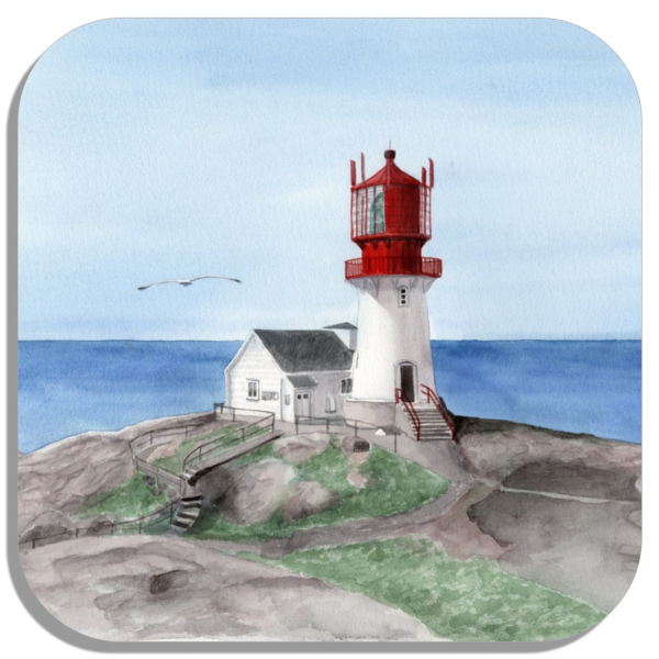 Untersetzer Glasuntersetzer 9,5 x 9,5 cm Aquarell Kunst Druck Kunstdruck Norwegen Norge Norway Leuchtturm Lindesnes Fyr Lindesnesfyr