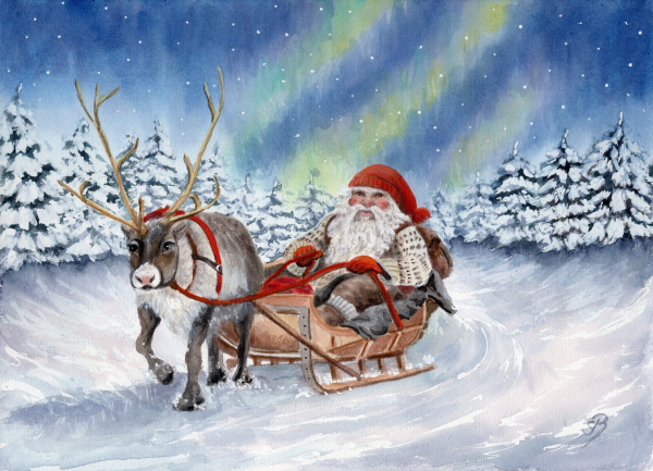 Postcard DIN-A6  watercolor art print Norway Norge Christmas Santa Claus Julenisse Polarlights