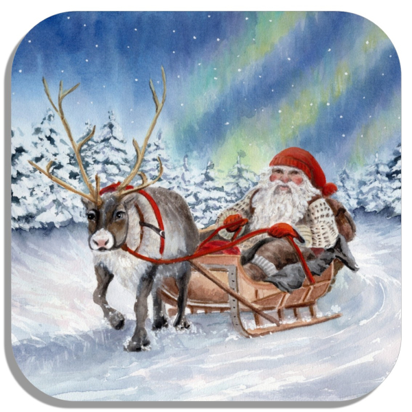 Coasters glass coasters 9,5 x  9,5 cm watercolor art print Norway Norge Christmas Santa Claus Julenisse Polarlights