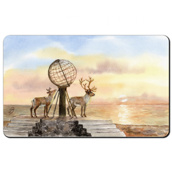 Frühstücksbrettchen Brettchen Aquarell Kunst Druck Kunstdruck Norwegen Norge Norway  Nordkapp Nordkap Globus Mittsommer Rentier