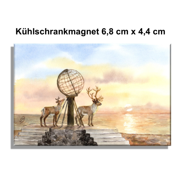 Kühlschrankmagnet  Aquarell Kunst Druck Kunstdruck Norwegen Norge Norway  Nordkapp Nordkap Globus Mittsommer Rentier