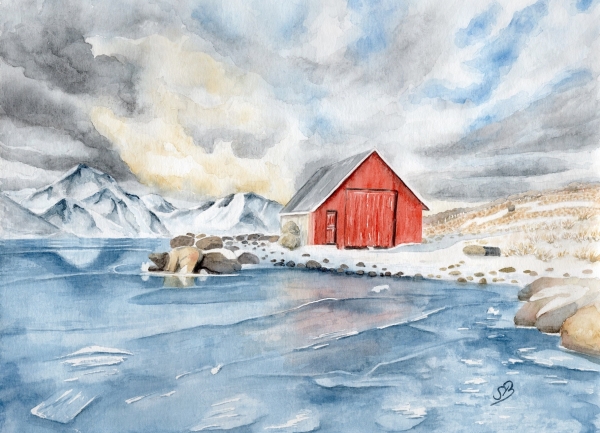Foil magnet watercolor art print Norway Norge Icefjord Fjord Glacier House by the lake