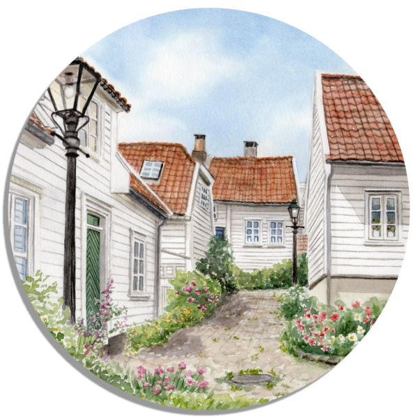 Untersetzer Glasuntersetzer rund 9,5 cm Aquarell Kunst Druck Kunstdruck Norwegen Norge Norway Gamle Stavanger - NO20